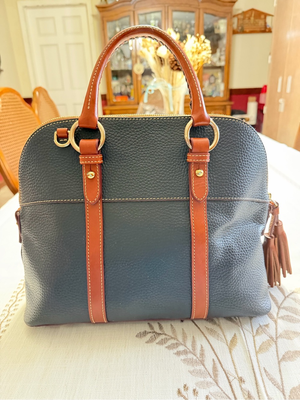 Dooney & Bourke Teal and Brown Leather Dome Satchel - Picture 2 of 10